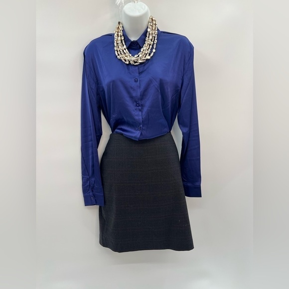 Blue Satin Shirt for Women – Lapel Collar V-Neck Buttoned Long Sleeve Tunic Top - Picture 3 of 4